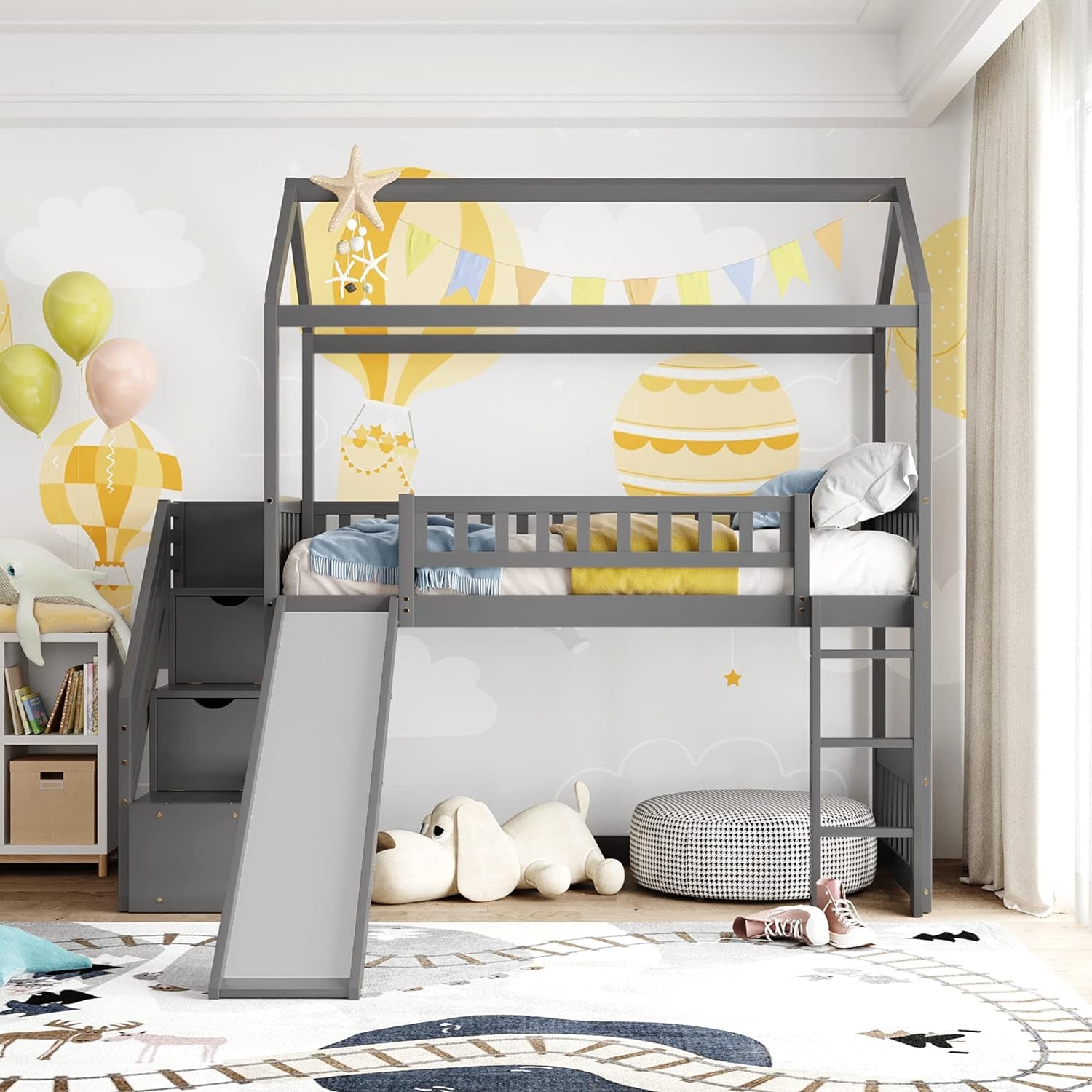 House Loft Bed with Slide and Storage Drawers